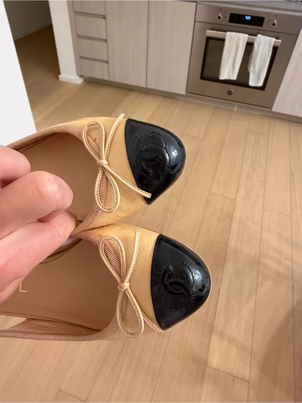 Chanel Two-Tone Beige and Black Logo Little Heel